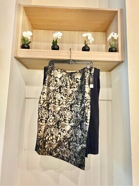 Black and Gold Metallic Floral Asymmetric Skirt